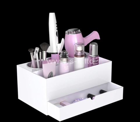 Custom white acrylic bathroom hair tool organizer with drawer